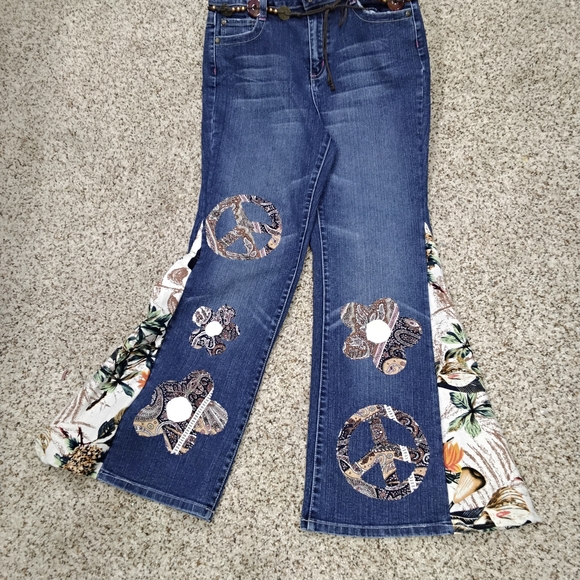 Handmade Denim - 3830 Size 12 1/2 Zara Bohemian Floral Patchwork Flare Jeans
